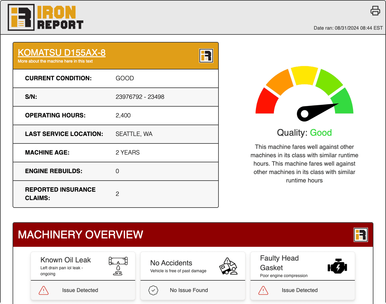 Image of a sample Iron Report showing heavy machinery maintenance history